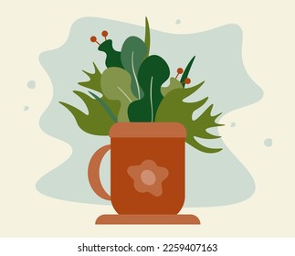 The bouquet of flower in the teacup. Illustration for graphic, content , banner, sticker label and greeting card