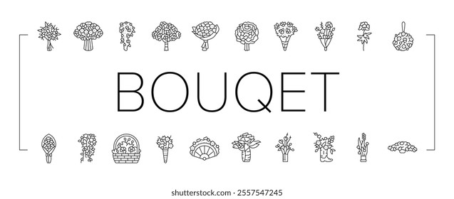 bouquet flower wedding gift icons set vector. rose floral, decoration tulip, vase box, marriage present, minimal arrangement shop bouquet flower wedding gift black contour illustrations