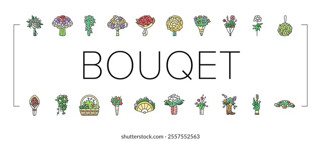 bouquet flower wedding gift icons set vector. rose floral, decoration tulip, vase box, marriage present, minimal arrangement shop bouquet flower wedding gift color line illustrations