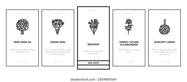 bouquet flower wedding gift onboarding mobile vector rose floral, decoration tulip, vase box, marriage present, minimal arrangement shop bouquet flower wedding gift illustrations