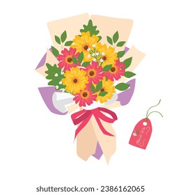 Bouquet de flores. Ilustración vectorial de ramo de flores silvestres. Flor de verano. Ramo de flores envuelto en papel de regalo. Regalo para un día especial, día de celebración como cumpleaños, día del profesor, día de la mujer.
