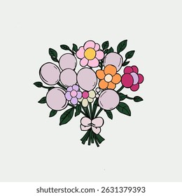 Bouquet of flowers with the addition of small balloons and ribbons on the stems of flowers hand drawn. Coloring page. Black and white vector illustration.