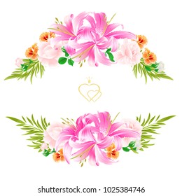 Bouquet with  flowers  arrangement, with beautiful lilies,light pink roses and watercress vintage vector illustration  editable hand draw 