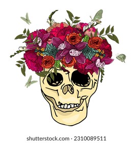 A bouquet flowers   autumn leaves in human skull  Thanksgiving Day Design Template  Hello autumn illustration  Watercolour pumpkin composition  pumpkin leaves  Halloween pictures