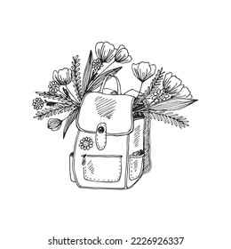 Bouquet of flowers in a backpack vector line illustration for wallpaper, pattern fills, web page background, surface textures.