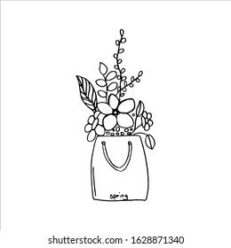 Bouquet of flowers in the bag. Vector graphics in the Doodle style.
