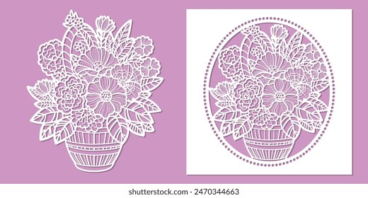 Bouquet of flowers in a basket. Template for laser cutting from any materials. For the design of wedding or greeting envelopes, invitations, cards, stencils, silk-screen printing, scrapbooking, etc. V