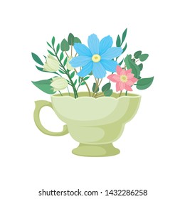 Bouquet of flowers in a beige mug. Vector illustration on white background.