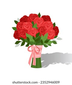 Bouquet de flores para el concepto de cumpleaños. Flores rojas con cinta rosa. Pegatina para redes sociales y mensajeros. Ilustración vectorial isométrica de caricatura aislada en fondo blanco