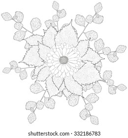 A bouquet of flowers. Black and white image. Hand drawn. Doodle vector. The branches and leaves.