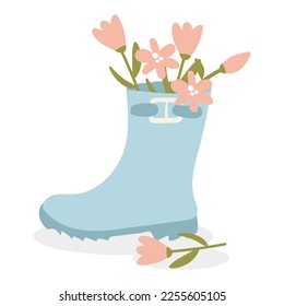 A bouquet of flowers in a blue rubber boot. Cute spring flat hand-drawn vector illustration in cartoon style, isolated on a white background. Use for printing on a T-shirt, a postcard for any holiday