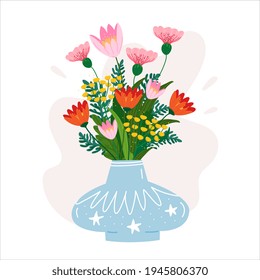 Bouquet of flowers in a blue vase. Cute and cozy cartoon hand drawn vector illustration isolated with mimosa, carnation, tulip and fern flowers. Good for greeting cards, mother s day, happy birthday.