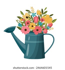 Bouquet of flowers in a blue watering can. Colorful vector illustration in cartoon style, isolated on white background.