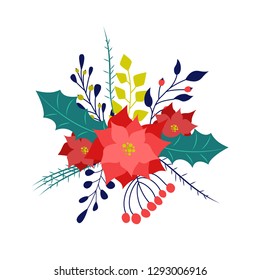 Bouquet with flowers. Botanical motifs. Vector illustration. Poinsettia flower. Leaves, crony, branches and other botanical elements are collected in a bouquet. Poinsettia and others. Vintage elements