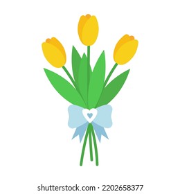 Bouquet of flowers with bow, ribbon and hearts. Vector illustration of yellow tulips. Spring plants with decorative elements for greeting card design.