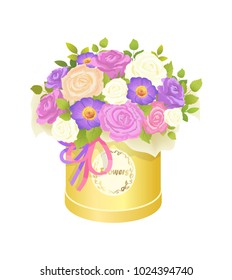 Bouquet of flowers in box of rounded shape, decoration and roses with green leaves, ornament and label on container isolated on vector illustration