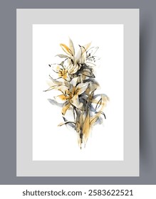 Bouquet of flowers with bright spring bouquet of lilies with blossoming buds emitting pleasant aroma. Watercolor artwork with flowers to create gift card in modern minimalist style. Wall art, decor