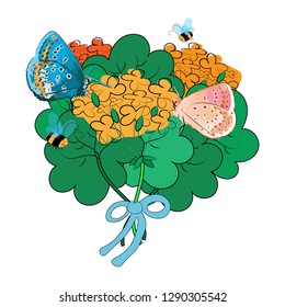 A bouquet of flowers with butterflies and bees flying over it. Isolate on white background. Vector illustration