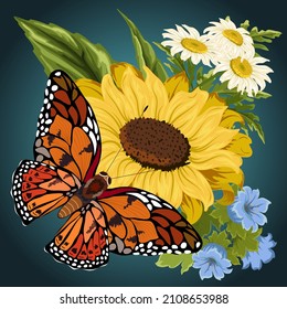 Bouquet of flowers with a butterfly.Color vector illustration with a bright butterfly on a bouquet of flowers.