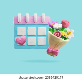 Bouquet de flores y calendario, arte plastico, ilustración vectorial 3D realista sobre fondo azul. Flor plástica de dibujos animados, objetos de juguete. Símbolo de vacaciones de primavera