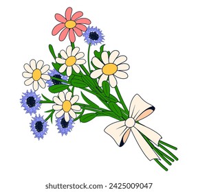 Bouquet of flowers in cartoon style. Spring wildflowers, hair flower, chamomile, tied with a bow.