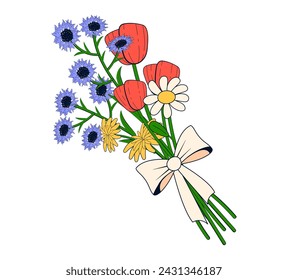 Bouquet of flowers in cartoon style. Spring wildflowers, moss flower, chamomile, dandelion, tulip, tied with a bow on a white isolated background.