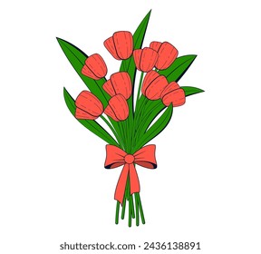 Bouquet of flowers in cartoon style. Spring wildflowers tied with a bow. Vector illustration of a bouquet with red tulips on a white background.