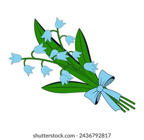 Bouquet of flowers in cartoon style. Spring wildflowers tied with a bow. Vector illustration of lilies of the valley on a white background.