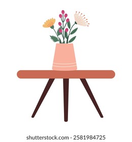 Bouquet of flowers in a ceramic vase on a wooden table. Vector illustration of elements for home decor, rooms