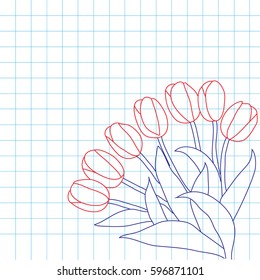 Bouquet of flowers, the children's drawing in a notebook