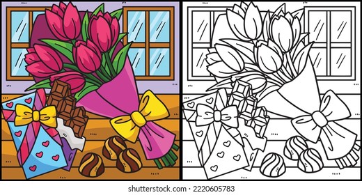 Bouquet of Flowers and Chocolates Coloring Page