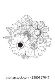 Bouquet of flowers for coloring book. Black and white vector illustration. Beautiful Flowers with Leaves. Floral Adult Coloring Pages . Printable Adult Coloring Page.