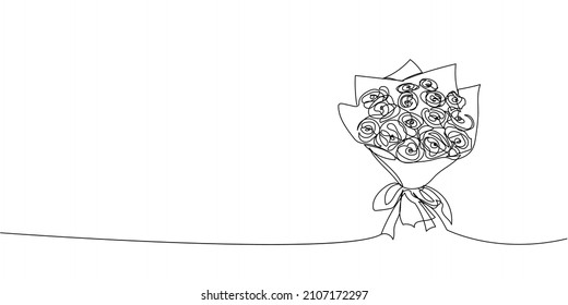 Bouquet of flowers continuous line drawing. One line art of decoration, flowers, tea roses, garden flowers, bouquet, floristry, romance, gift, relationship, love, peonies, dahlias, carnations.