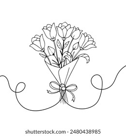 Ramo de flores de dibujo de línea continua. Una línea de arte de la decoración, flores, rosas de té, flores de jardín, ramo, floristería, romance, regalo, relación, amor, peonías, dalias, claveles.