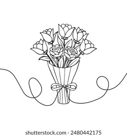 Bouquet of flowers continuous line drawing. One line art of decoration, flowers, tea roses, garden flowers, bouquet, floristry, romance, gift, relationship, love, peonies, dahlias, carnations.