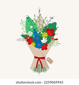 A bouquet of flowers in craft paper packaging in flat style. Hand drawn flower bouquet for holidays, spring, Mother's day, Birthday celebration, wedding. Vector illustration.