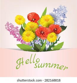 A bouquet of flowers, dandelions, lilac, poppy banner, vector illustration