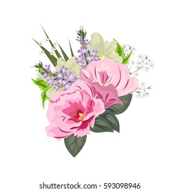 Bouquet of flowers. Decor elements for greeting cards, wedding invitations, birthday and other celebrations. Isolated on white background.