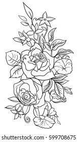 bouquet of flowers. Decorative ornament in line style. Black and white graphic in vector.