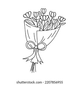 Bouquet of flowers in doodle style. Black and white vector illustration for coloring book.