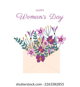 Bouquet of flowers in an envelope.  Beautiful spring botanical illustration in flat style. Vector floral illustration for international women's day. For printing, banners, posters and postcards.