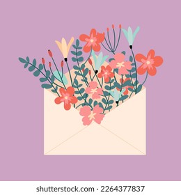 Bouquet of flowers in an envelope.  Beautiful spring botanical illustration in flat style. Vector floral illustration for mother's day and women's day. Cute illustration for print, banners,  and cards