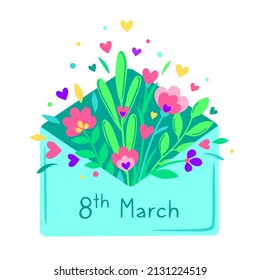 Bouquet of flowers in an envelope. Cute spring greeting card from March 8 in modern flat cartoon style. Vector template with flowers for International Women's Day. Isolated on white background.