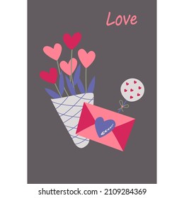 Bouquet with flowers, envelope, love. Vector image in boho style. valentine's day. A greeting card with a declaration of love.