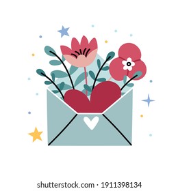 Bouquet of flowers in an envelope. An unexpected surprise, an original gift. Hand drawing Valentine's Day. Stylish picture in flat style for print.
