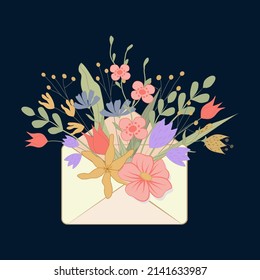 A bouquet of flowers in an envelope, a vector greeting card, a bright color picture in a flat style. Suitable for decorating a birthday, wedding, valentine's day, a love message. EPS10
