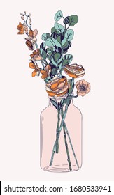 
Ramo de flores y eucalipto en un jarrón. Ilustración del vector en color