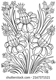 bouquet of flowers fantasy coloring plants invented with patterns hand drawing holiday doodles sketch on white background contour abstract illustration vector