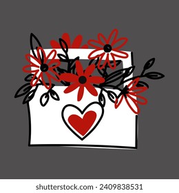 Bouquet de flores en una caja plana de dos colores rojo y negro. Un ramo de margaritas blancas y rojas con un corazón de doodle. Ilustración aislada del vector. Un regalo para San Valentín, cumpleaños, día de la madre