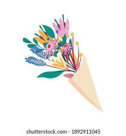 Bouquet of flowers flat vector isolated illustration on white. Cute Flower bouquet isolated.